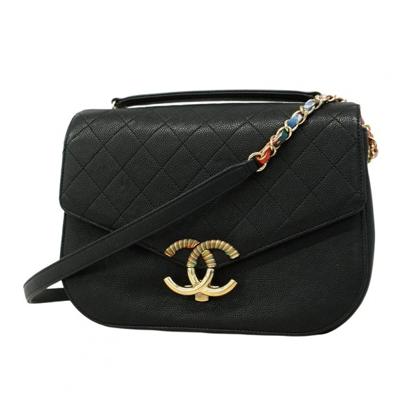 Chanel Matelasse Shoulder Bag with Chain, Caviar Skin, Black Champagne, Women's - Picture 1 of 14